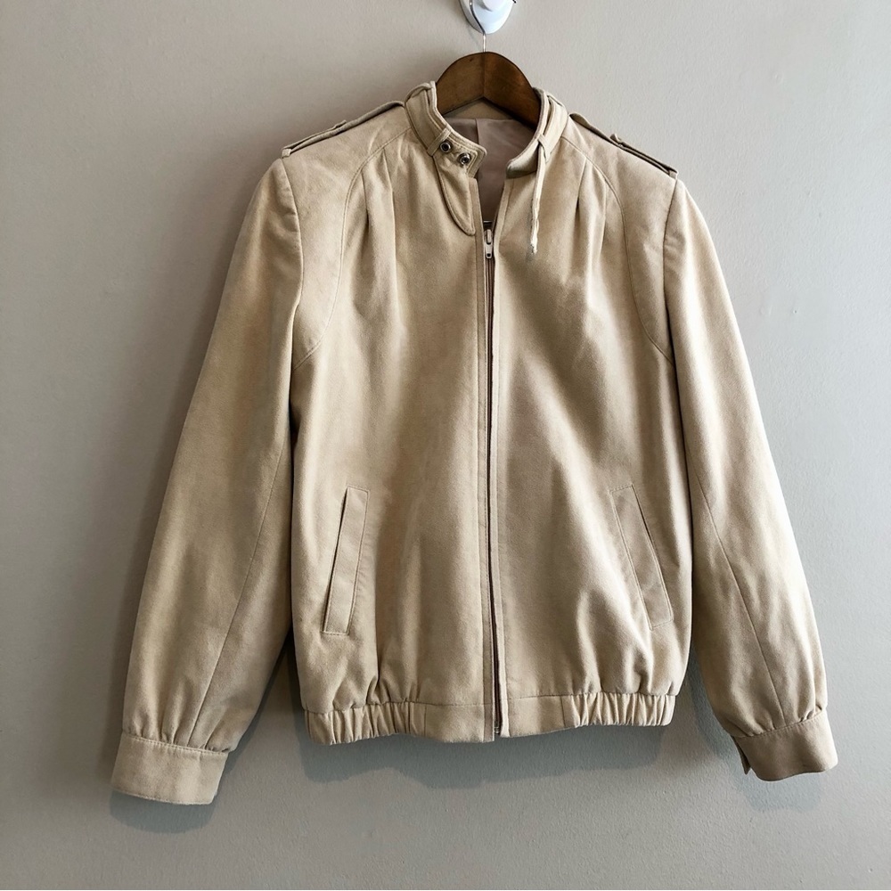Vintage Olympic Faux Suede Bomber Jacket Tan Cream Size 6 - Picture 2 of 13